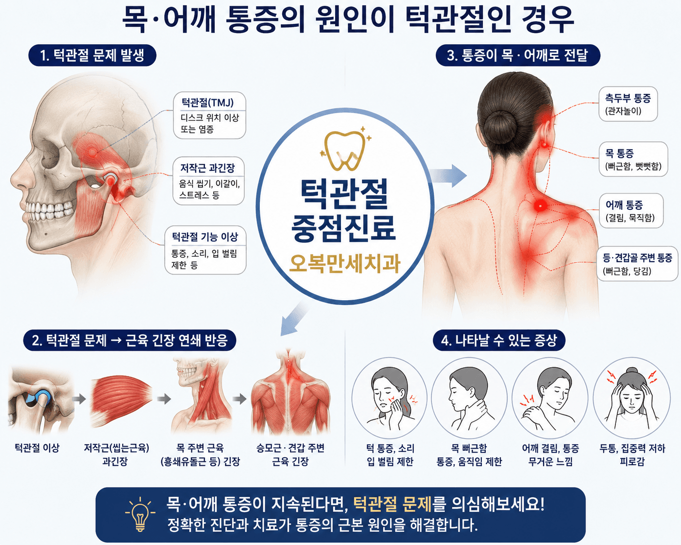 턱관절과 저작근 및 목과 어깨의 기능적 연결을 설명한 오복만세치과 비실사 도해