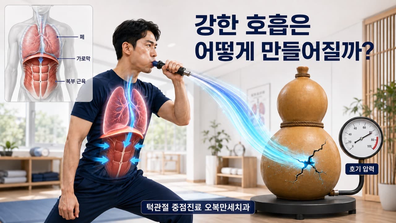 표주박을 향해 강하게 숨을 내쉬는 모습과 폐, 가로막, 복부근육 및 호기 압력을 함께 표현한 호흡근 훈련 설명 이미지