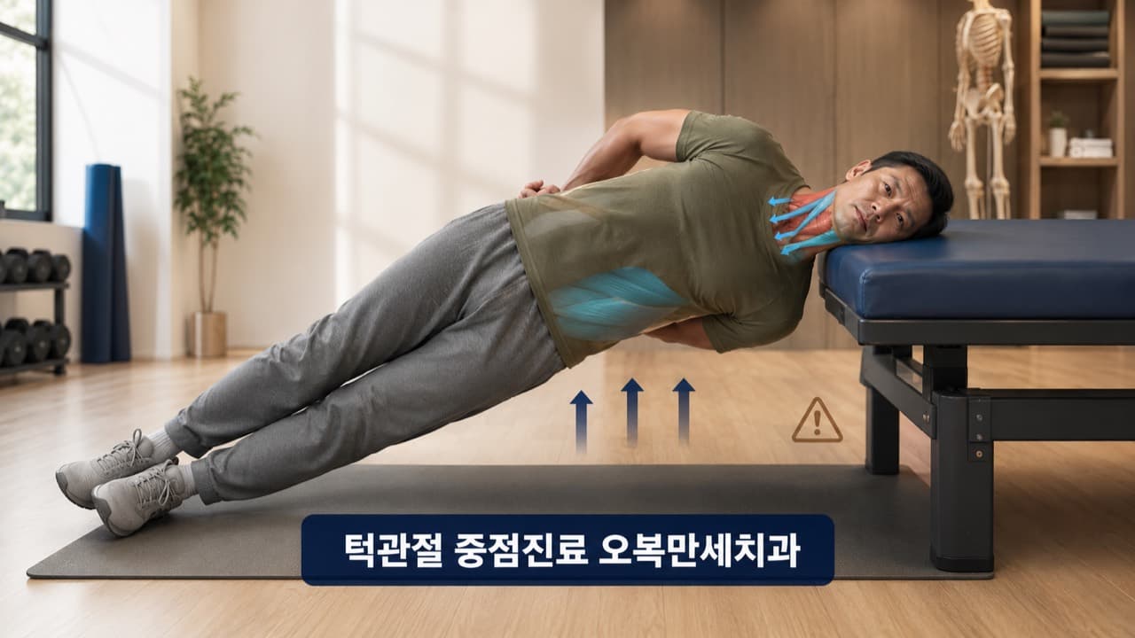 치료용 테이블에 머리를 지지하고 옆으로 몸을 버티는 목과 몸통 운동을 AI로 재구성한 설명 이미지