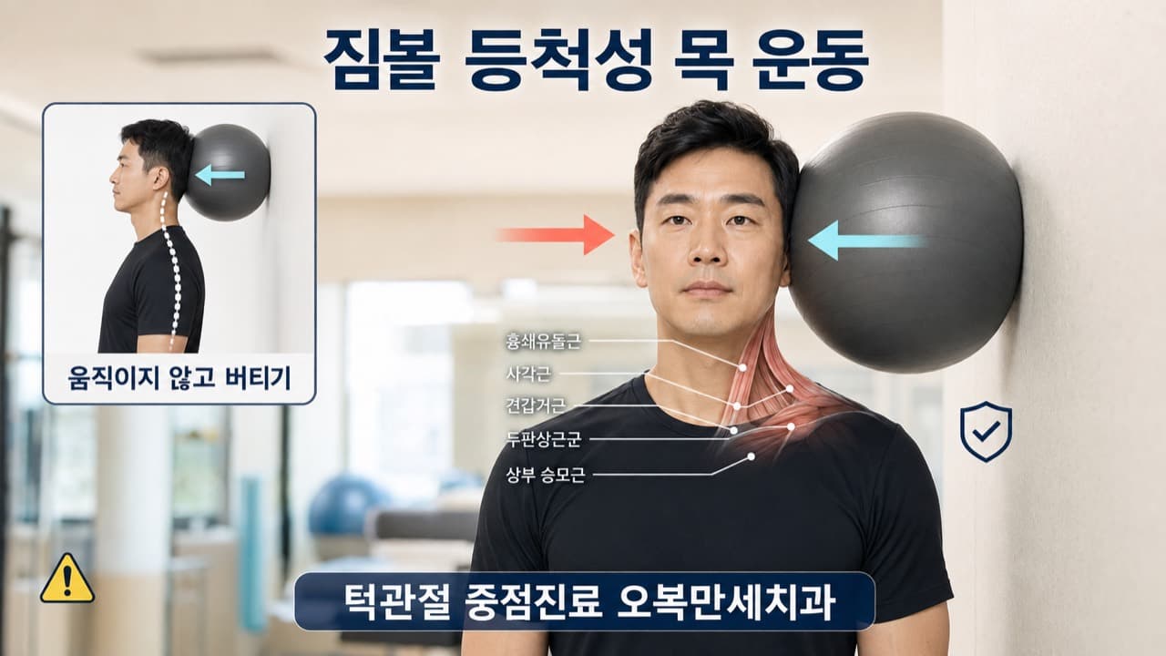 한국인 남성이 벽과 머리 사이의 짐볼을 옆으로 밀며 머리 위치를 유지하는 등척성 목 운동 설명 이미지