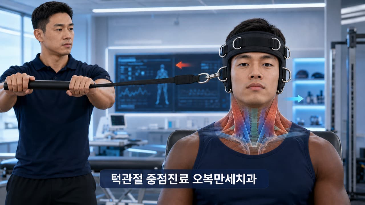 Neck Flex 형태의 헤드 하네스를 착용하고 옆 방향의 저항을 버티는 목 운동을 AI로 재구성한 설명 이미지