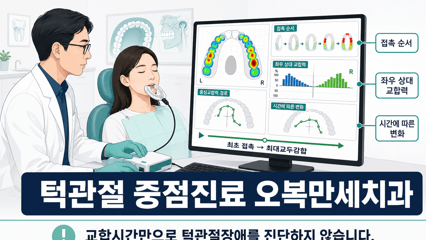 치과 연구자가 T-Scan 계열의 디지털 동적 교합검사로 치아 접촉 순서와 상대 교합력 변화를 분석하는 교육 도해