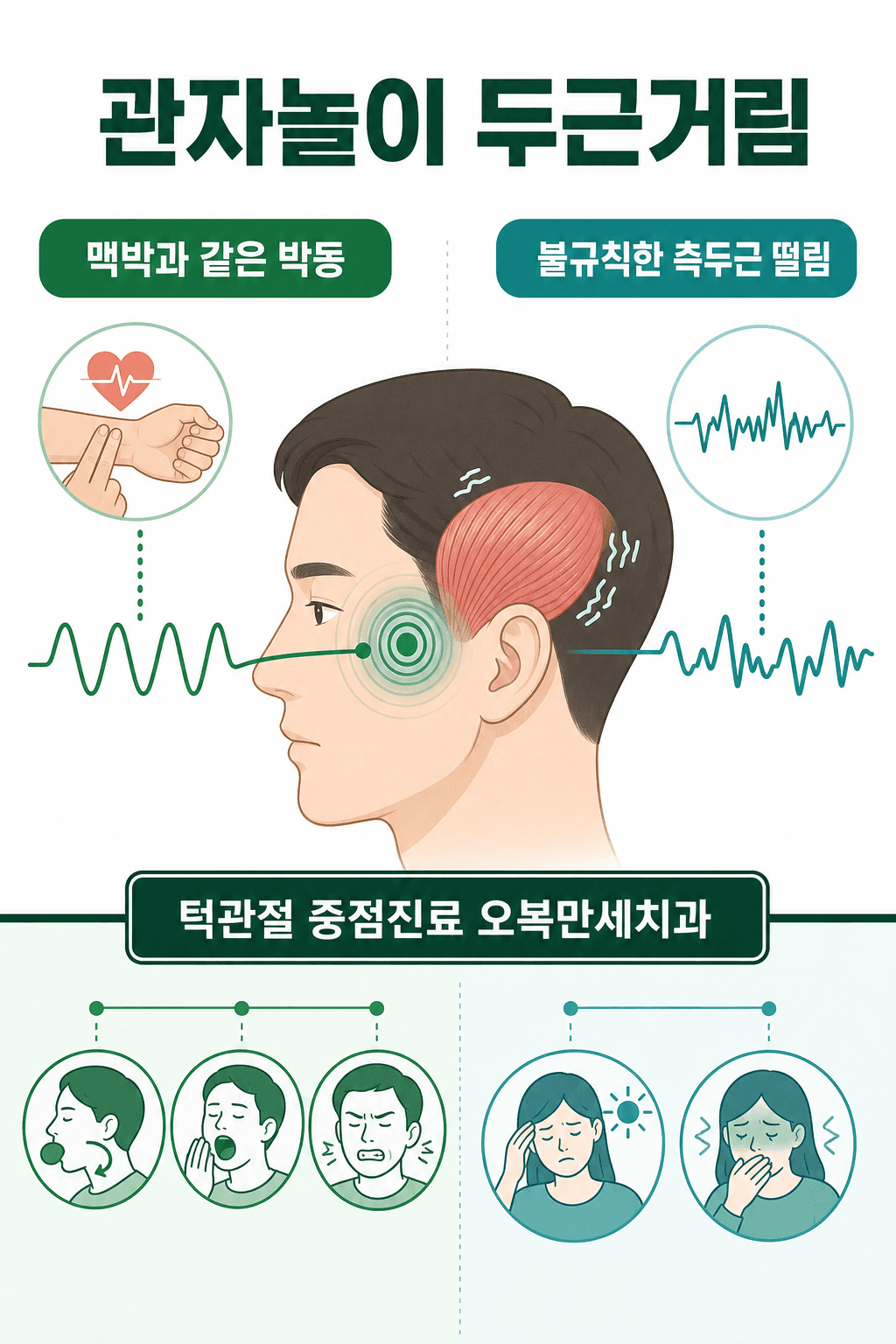 관자놀이 두근거림을 맥박과 같은 박동, 불규칙한 측두근 떨림, 턱 사용에 따른 변화로 구분한 그림형 의료 인포그래픽
