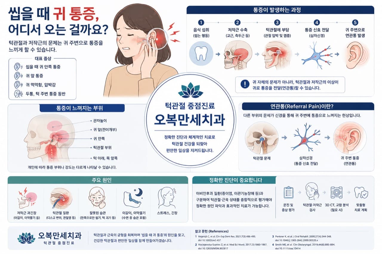 씹을 때 턱관절과 저작근에서 시작된 통증이 귀 주변에서 느껴질 수 있는 과정을 설명한 그림