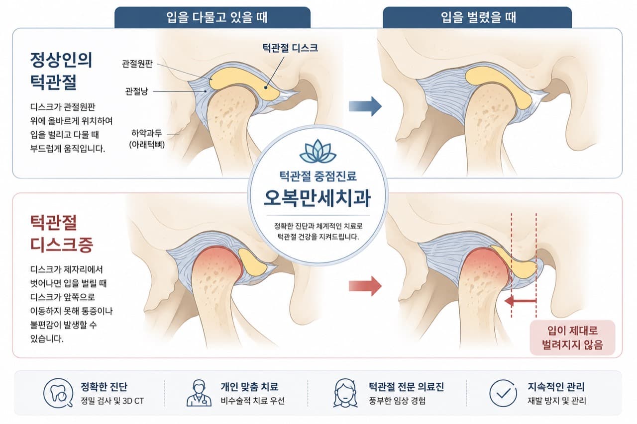 정상 턱관절의 개폐구 관절원판 움직임과 턱관절 디스크 위치 변화로 입 벌림이 제한될 수 있는 모습을 비교한 설명 그림