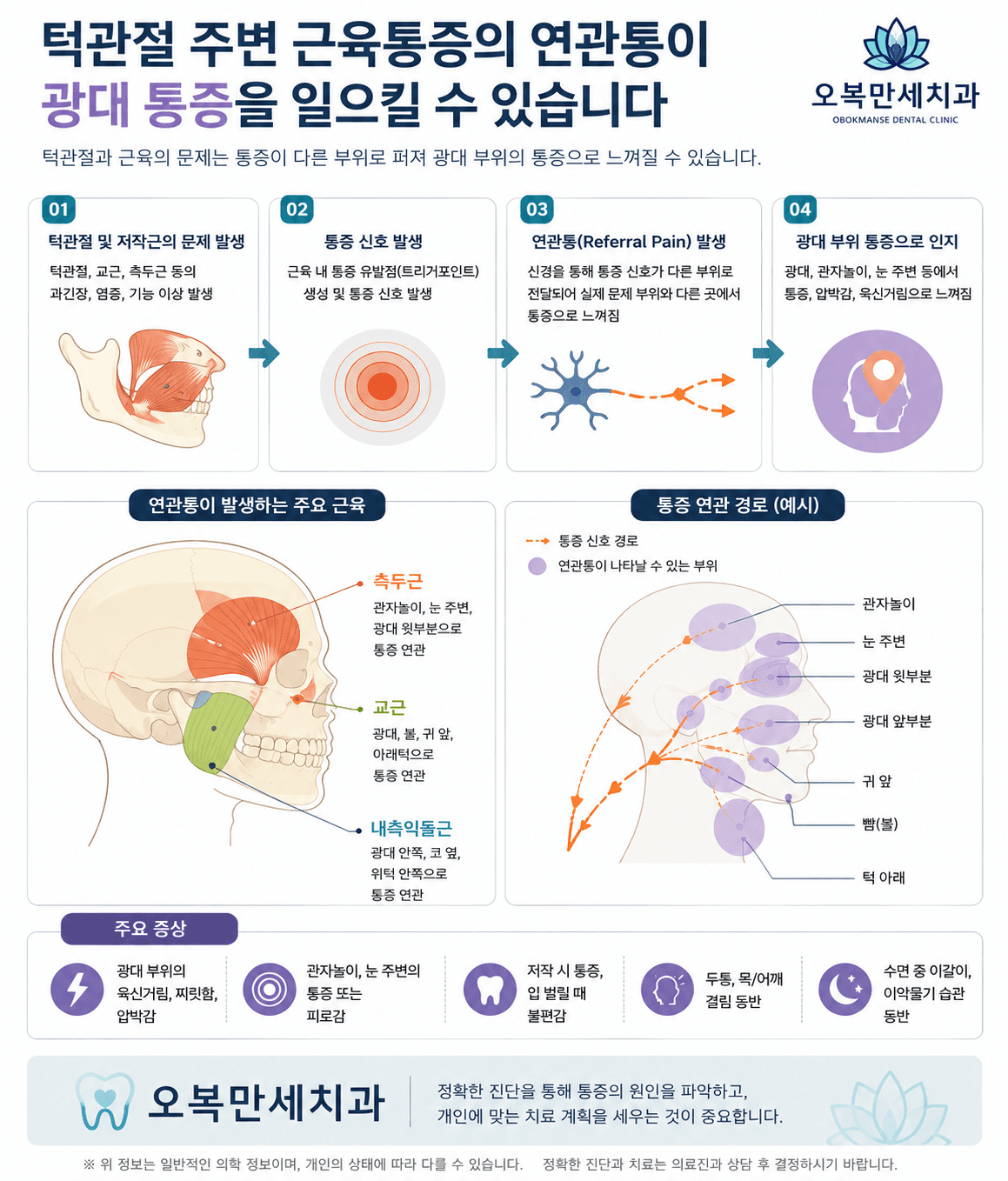 광대 주변 통증과 턱관절·저작근 연관통의 가능성을 설명하는 의료 일러스트