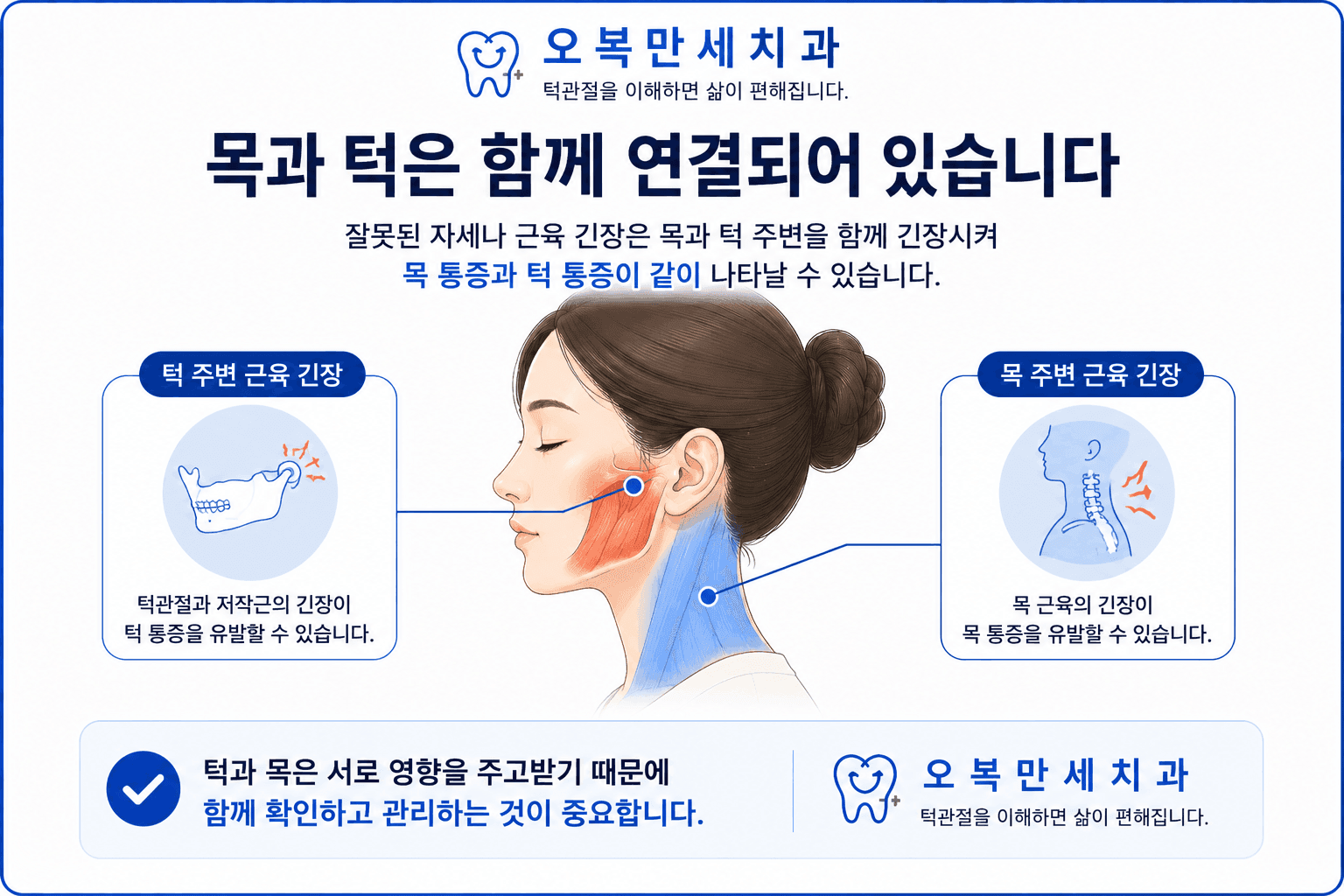 턱관절과 저작근의 긴장, 목 주변 근육의 긴장을 함께 살펴보는 턱과 목의 기능 연결 교육 도해