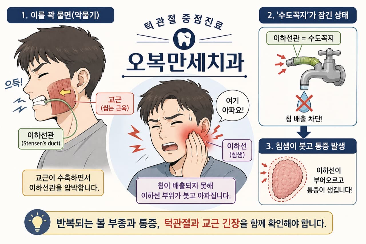 이를 악물 때 교근이 수축하고 이하선관이 압박되거나 꺾이면 침 배출이 줄어 볼과 귀밑의 이하선 부종과 통증이 나타날 수 있는 과정을 설명하는 그림