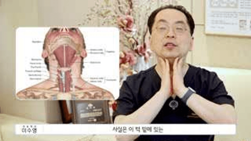 이원장이 턱 아래 설골상근의 위치를 해부 그림과 함께 설명하는 영상 장면