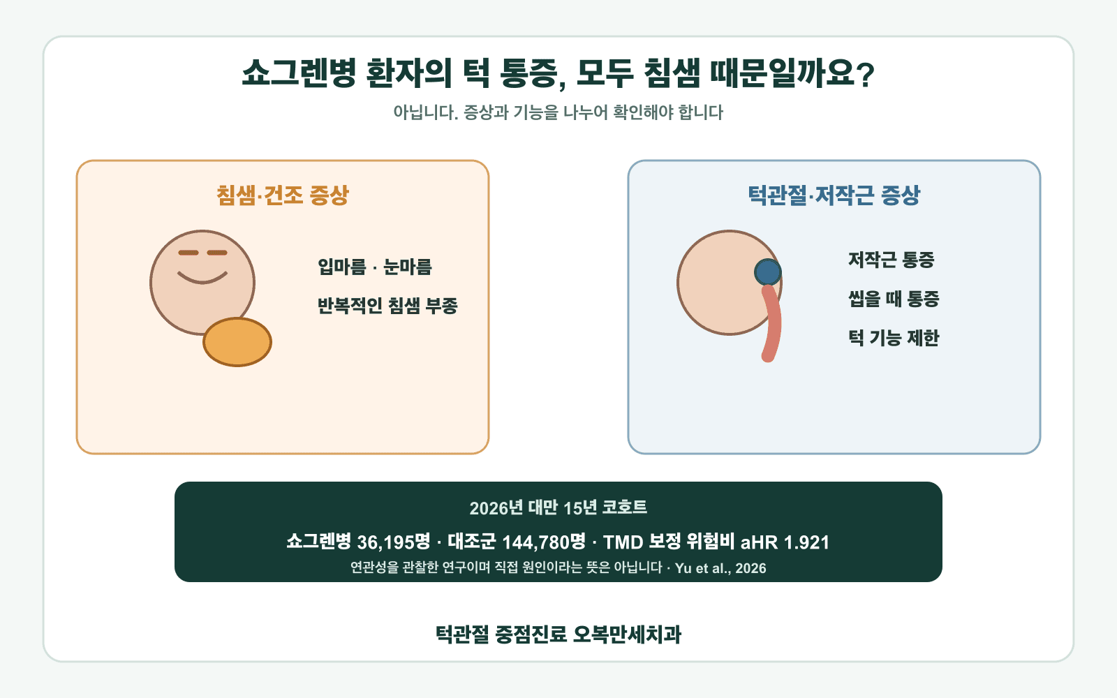 쇼그렌병의 입마름과 침샘 부종, 턱관절과 저작근 통증이 별개로 함께 나타날 수 있음을 설명하는 의료 일러스트