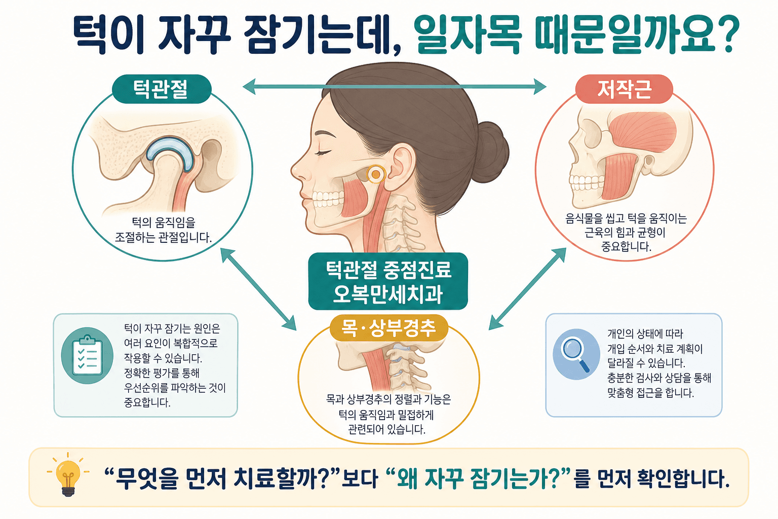 반복적인 턱 잠김의 원인을 턱관절, 저작근, 목과 상부경추로 나누어 설명한 오복만세치과 의료 인포그래픽