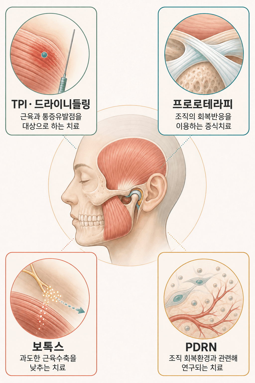 턱관절과 저작근을 중심으로 TPI·드라이니들링, 프로로테라피, 보톡스, PDRN의 서로 다른 치료 표적과 작용 방향을 비교한 의료 일러스트